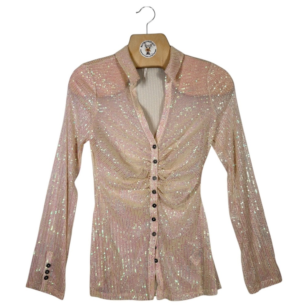 Free People Sequin Sheer Mesh Blouse Ruched Button Front‎ Top Medium